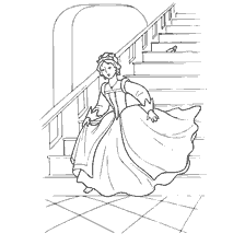 pagina da colorare: Immagine di una ragazza che cammina gi&ugrave; per le scale con uno slipper di cristallo sui gradini.