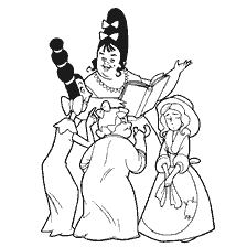 pagina da colorare: Illustrazione con quattro sorelle Cenerentola che parlano di abiti.