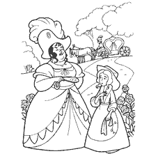 pagina da colorare: Illustrazione per la fiaba di Charles Perrault, dove la matrigna malvagia e Cenerentola si preparano per la palla.