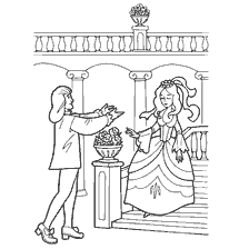 pagina da colorare: Il principe porta fiori a un misterioso estraneo di fronte a un balcone.