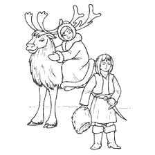 coloring page: Illustration from a fairy tale by Hans Christian Andersen, which depicts the Little Robber and Gerda on a deer.