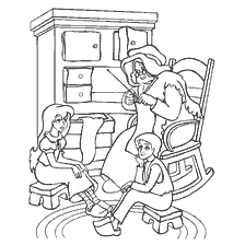 coloring page: Coloring with the characters Kai and Gerda, sitting at the grandmother
