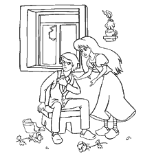 coloring page: Gerda and Kai, characters from Hans Christian Andersen's fairy tale, at the time of the encounter.