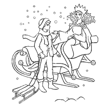 coloring page: Kai at the sled of the Snow Queen from the fairy tale of Andersen