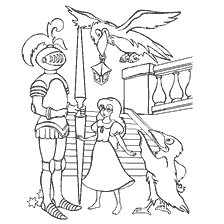 coloring page: An illustration from Hans Christian Andersen's fairy tale where Gerda meets two ravens.