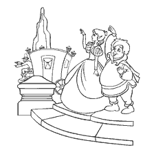 coloring page: The Prince and Princess on the steps of the castle in a fairy tale by Hans Christian Andersen.