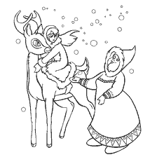 coloring page: Coloring illustration from Hans Christian Andersen's fairy tale depicting a girl on a deer and a woman with a bucket.
