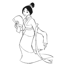 coloriage: Mulan avec un ventilateur dans une robe traditionnelle