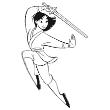 coloriage: Mulan en posture de combat avec épée