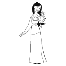 coloriage: Mulan tient une lanterne, sourit et est habillé en robe chinoise traditionnelle.