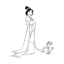 coloriage: Mulan avec petit dragon Mushu dans le livre de coloration