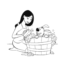coloriage: Mulan s'occupe de son animal dans la salle de bain