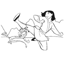 coloriage: Mulan et son dragon Mushu dans le livre de coloration