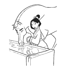 coloriage: Mulan près de l'eau avec le cheval