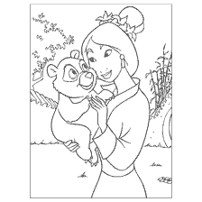 coloriage: Mulan avec un petit panda dans les bras