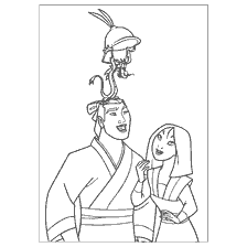 coloriage: Mulan, Li Shan et Mushu dans le livre de coloriage