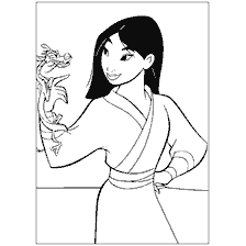 coloriage: Mulan avec Mushu sur sa main, livre de coloration