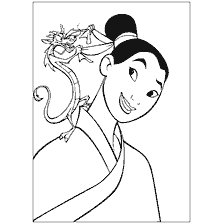 coloriage: Mulan avec le dragon Mushu en coloration