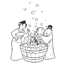 coloriage: Mulan prend un bain sous la garde de deux femmes