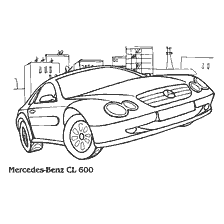 раскраска: Ракурса легкового автомобиля Mercedes-Benz CL 600 с надписью о характеристиках