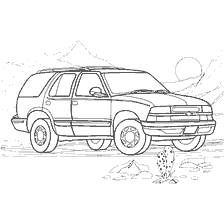 раскраска: Раскраска Chevrolet Blazer на фоне гор и солнца