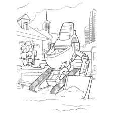 coloring page: Drawing of a garbage cleaner robot on the background of the city