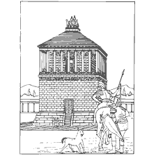 pagina da colorare: Disegno del mausoleo di Halicarnassus con un cavaliere su un cavallo