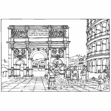 pagina da colorare: Disegno dell'Arco di Trionfo e del Colosseo nell'antica Roma