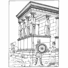 pagina da colorare: Colorazione del Tempio di Atene con la figura di un guerriero, un cane e una donna sullo sfondo