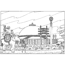 pagina da colorare: Disegno di architettura buddista del mondo antico raffigurante un tempio e un elefante
