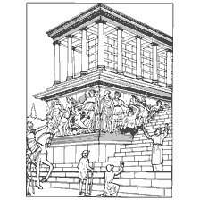 pagina da colorare: Disegno dell'altare di Zeus con sculture e elementi architettonici caratteristici