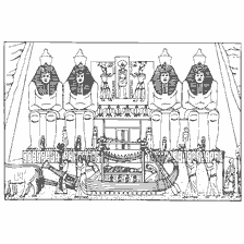 pagina da colorare: Antico tempio egizio con statue e faraoni