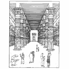 pagina da colorare: Colorazione del Tempio del dio Amun in antico Egitto con colonne e figure di persone.