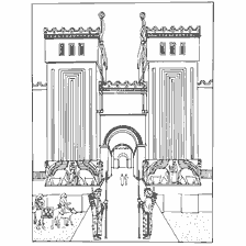 pagina da colorare: Disegno del palazzo del re Sargon con alte porte e statue di leoni