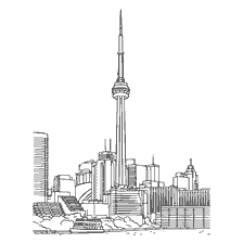 pagina da colorare: Veduta della CNN Tower a Toronto, Canada, in stile colorante.