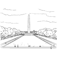 pagina da colorare: Colorazione del monumento di Washington negli Stati Uniti raffigurante persone e natura