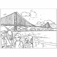 pagina da colorare: Colorare il Golden Gate Bridge a San Francisco con bambini in primo piano