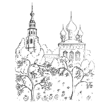 pagina da colorare: Disegno della Chiesa di Korsun in Uglich con uccelli sugli alberi