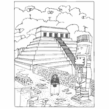 pagina da colorare: Tempio in Messico con l'immagine di una piramide e una statua di un guerriero