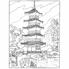 pagina da colorare: Immagine della pagoda buddista con elementi architettonici e dintorni naturali