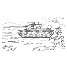 kolorowanka: T- 64 główny czołg ZSRR, 1967. Zbiornik przeciwko górze i żołnierz z bronią.