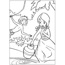 pagina da colorare: Mowgli e la ragazza sullo sfondo della giungla