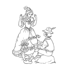 coloring page: Illustration to the fairy tale of Hans Christian Andersen: characters and a magical pot