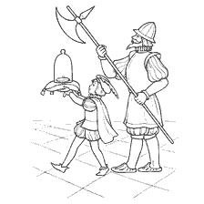 coloring page: Illustration from the fairy tale "Little Page" by Hans Christian Andersen, where the pea page and the guard