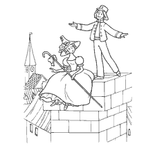 coloring page: Picture from the coloring book by Hans Christian Andersen, depicting a shepherd and a chimney sweep on the roof of the house.