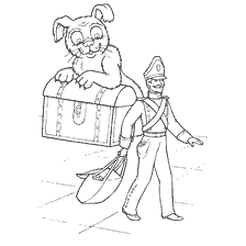 coloring page: A cartoon soldier with a big dog standing on a chest.