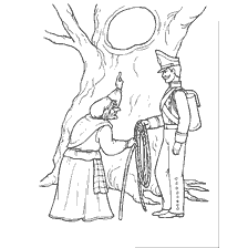 coloring page: A scene from the tale of a soldier and a witch where a soldier meets an old woman by a tree.
