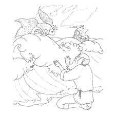 coloring page: A scene from Pushkin's fairy tale "Golden Fish", where a fish appears in front of an old man against the background of the sea and clouds.