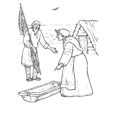 coloring page: Illustration to the fairy tale of Pushkin, where the old woman quarrels with a fisherman