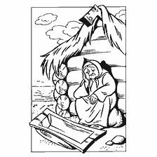 coloring page: An old woman sitting at a broken trough